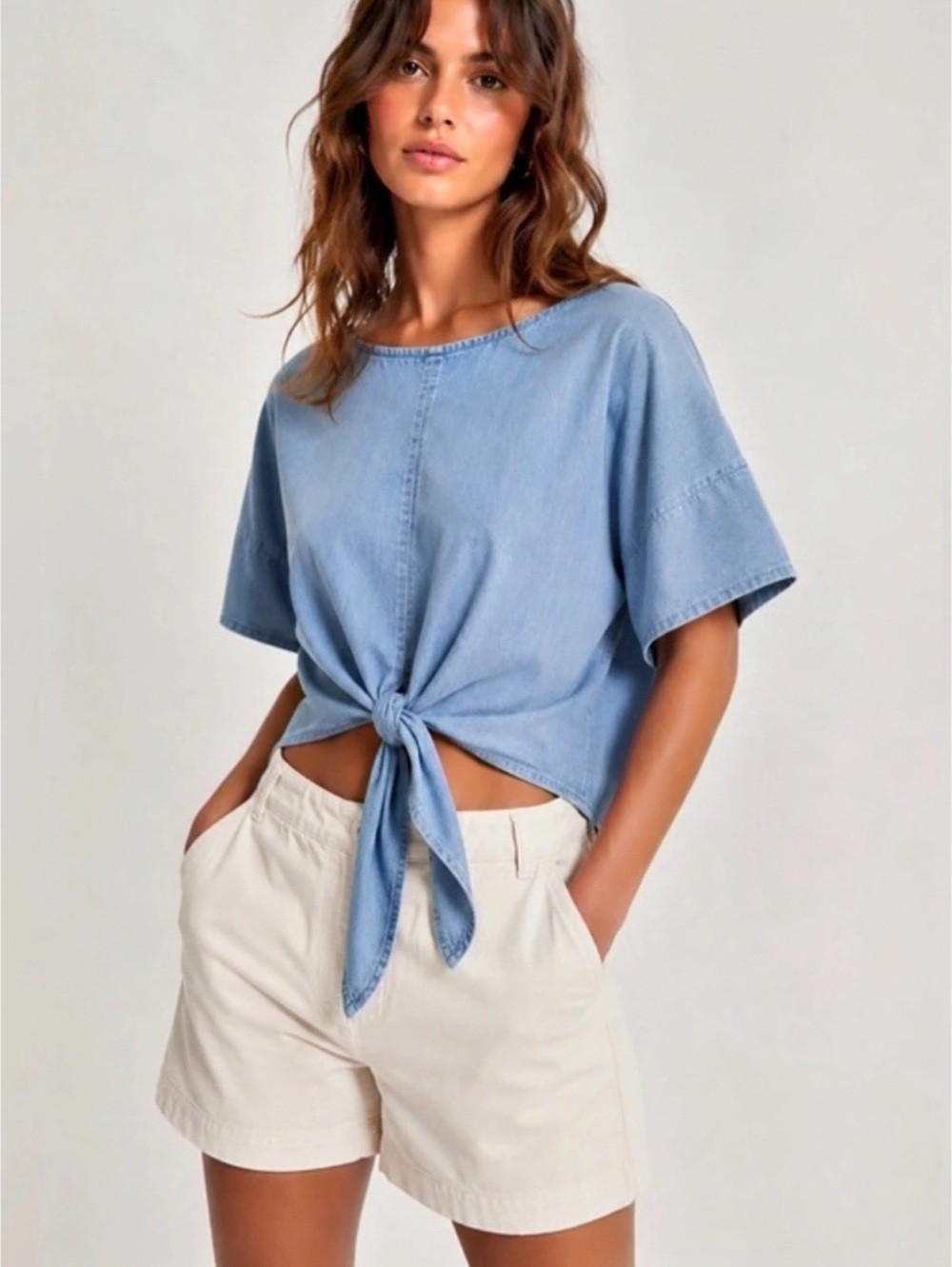 Elle Tie-Front Short Sleeve Top in Blue Size Large